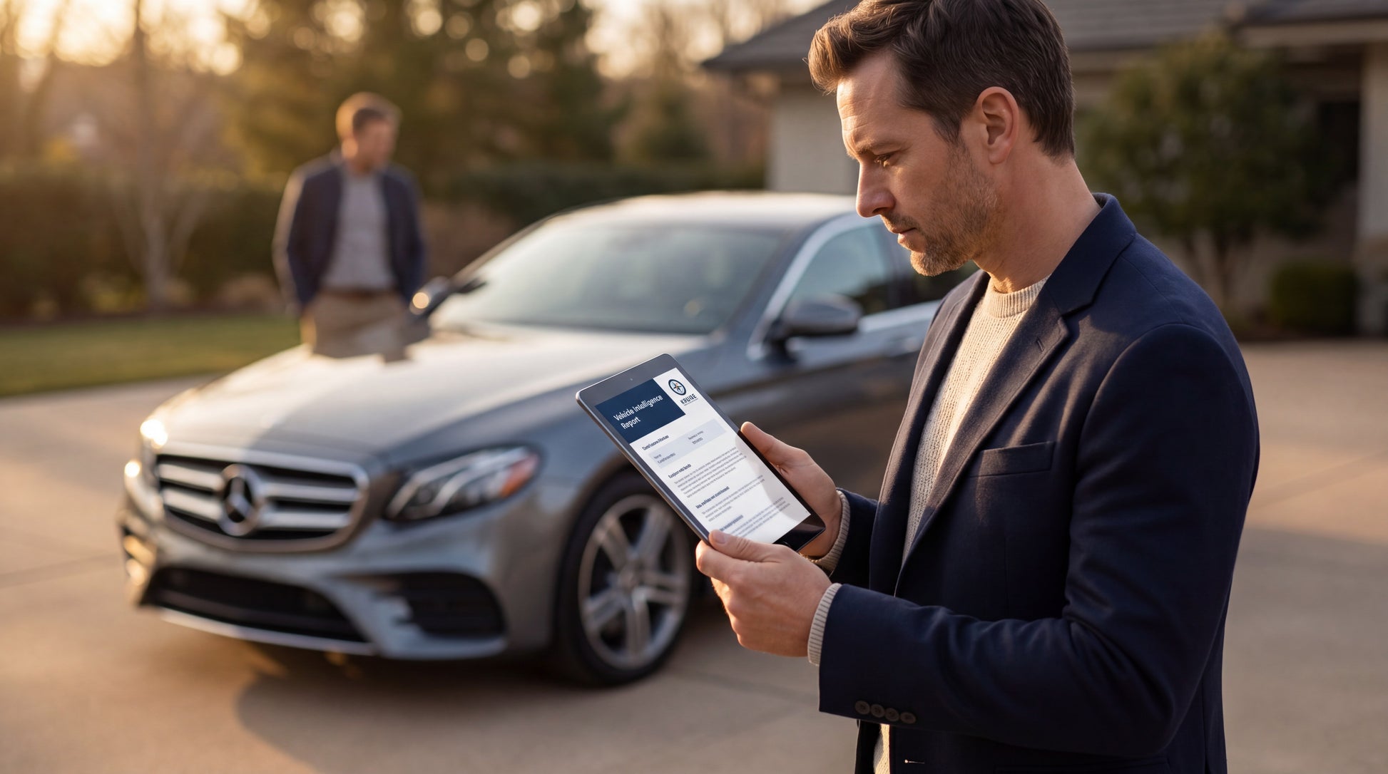 A man in a navy blazer stands in a driveway holding a tablet, looking at a screen. A silver Mercedes-Benz sedan is parked behind him, with another person blurred in the background near the car.