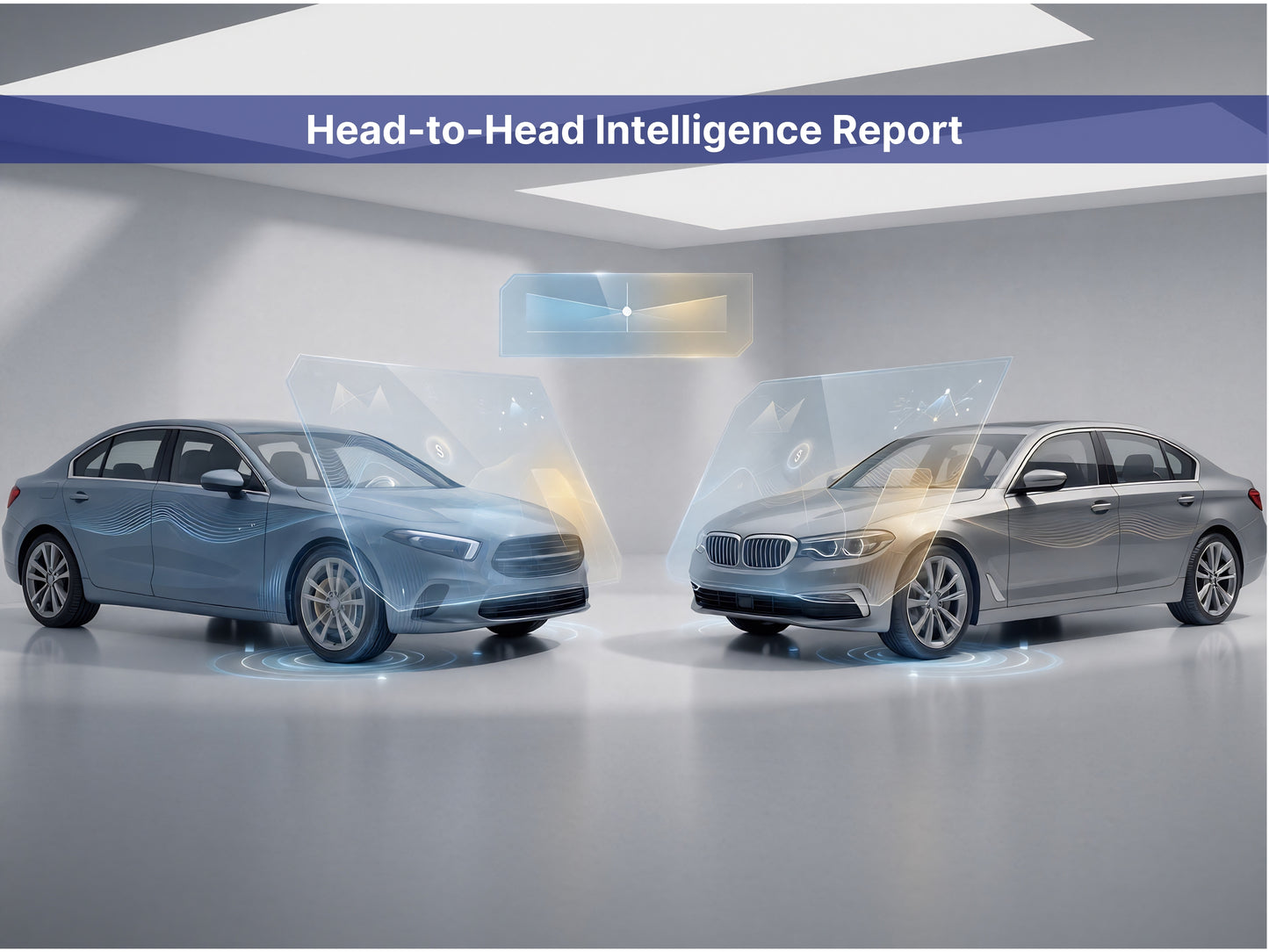 A digital graphic featuring two luxury sedans, a light blue Mercedes-Benz and a silver BMW, facing each other in a minimalist gray studio setting. A blue banner at the top reads 'Head-to-Head Intelligence Report'.