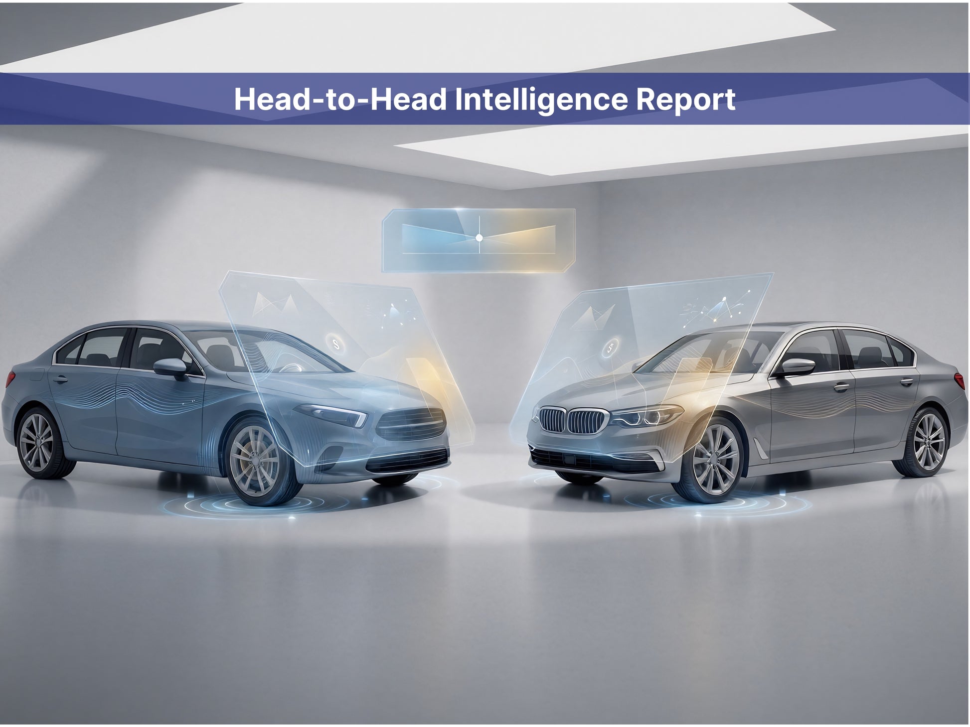 A digital graphic featuring two luxury sedans, a light blue Mercedes-Benz and a silver BMW, facing each other in a minimalist gray studio setting. A blue banner at the top reads 'Head-to-Head Intelligence Report'.