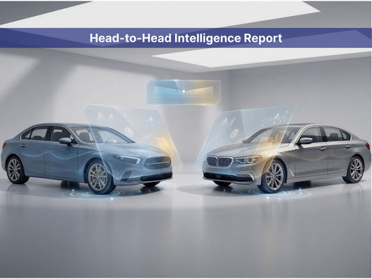 A digital graphic featuring two luxury sedans, a light blue Mercedes-Benz and a silver BMW, facing each other in a minimalist gray studio setting. A blue banner at the top reads 'Head-to-Head Intelligence Report'.