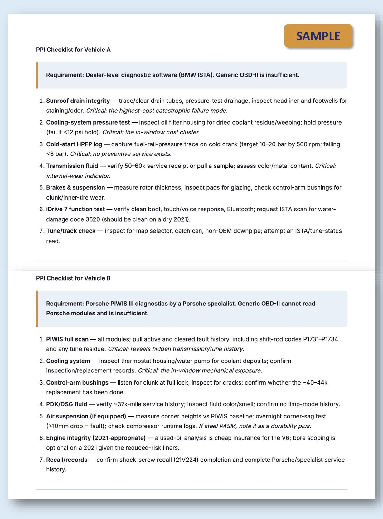 A sample of a pre purchase inspection checklist for two vehicles on a white background, with dense black text, a yellow header bar, and a yellow 'SAMPLE' label on the right page.