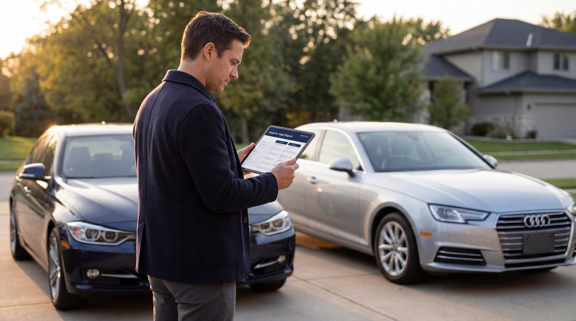 A man in a navy blue jacket stands in a driveway between two cars, holding a tablet. A silver Audi sedan is on the right and a dark blue BMW sedan is on the left, with a suburban house and trees in the background during sunset.