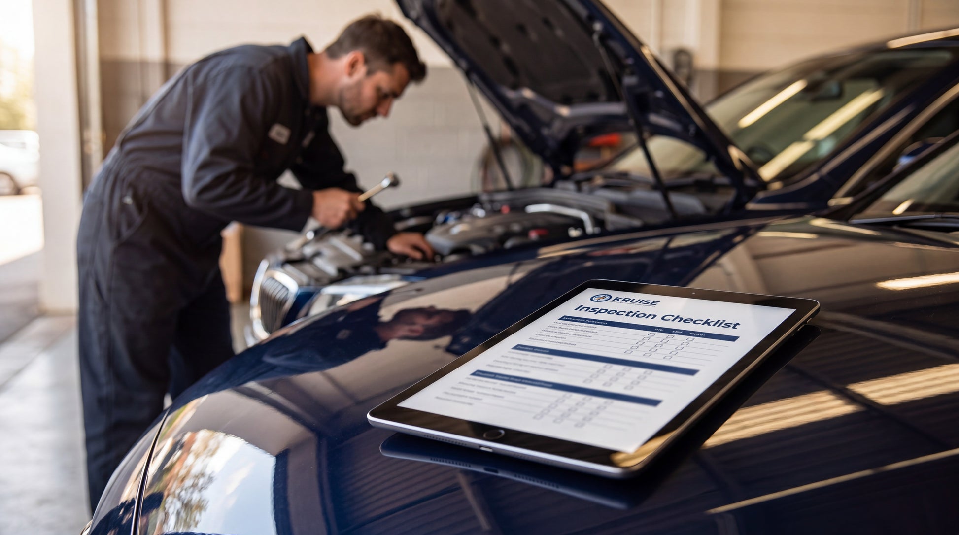 A tablet displaying an inspection checklist rests on the hood of a dark car in a garage, while a mechanic in a black jumpsuit works under the open hood of another car in the background.