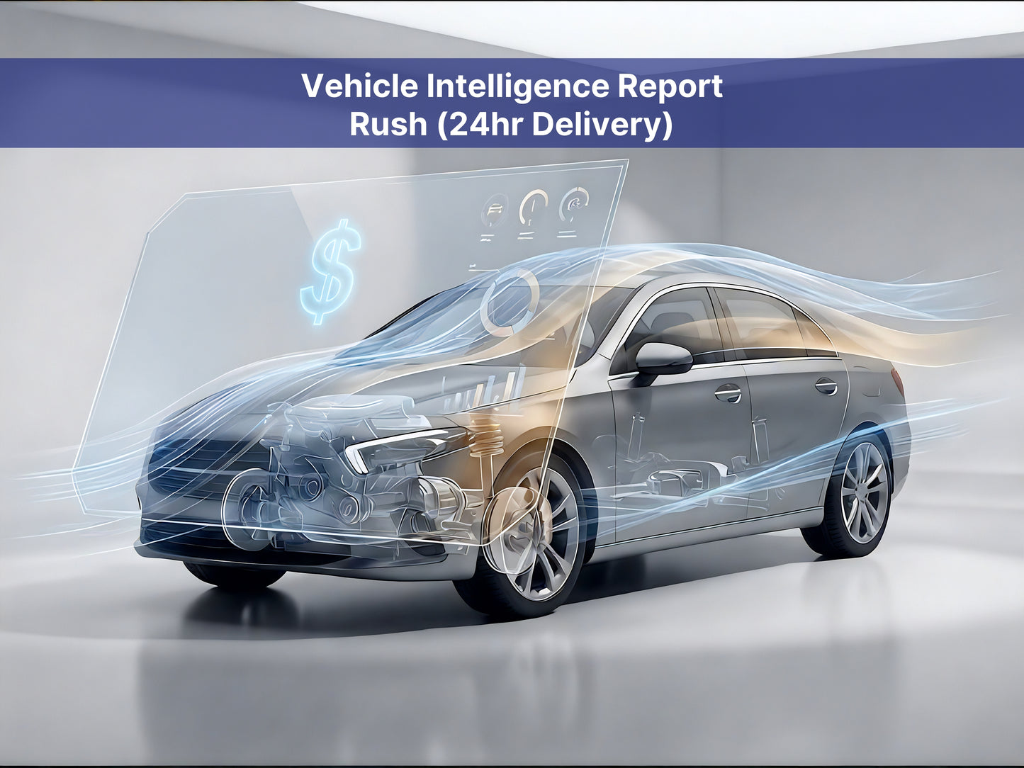 A silver sedan shown in a stylized digital rendering with translucent overlays, airflow lines, and a blue header reading 'Vehicle Intelligence Report Rush (24hr Delivery)'.