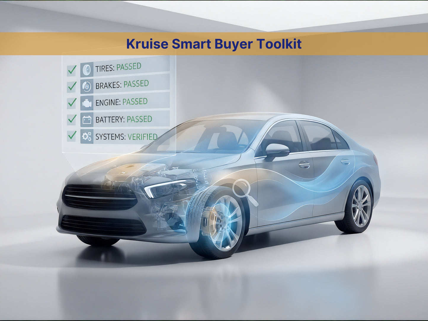 A promotional graphic for the 'Kruise Smart Buyer Toolkit' featuring a semi-transparent blue and silver Lexus sedan with glowing blue circular highlights near the wheels, set against a light gray studio background. A checklist on the left lists passed items: tires, brakes, engine, battery, and systems.