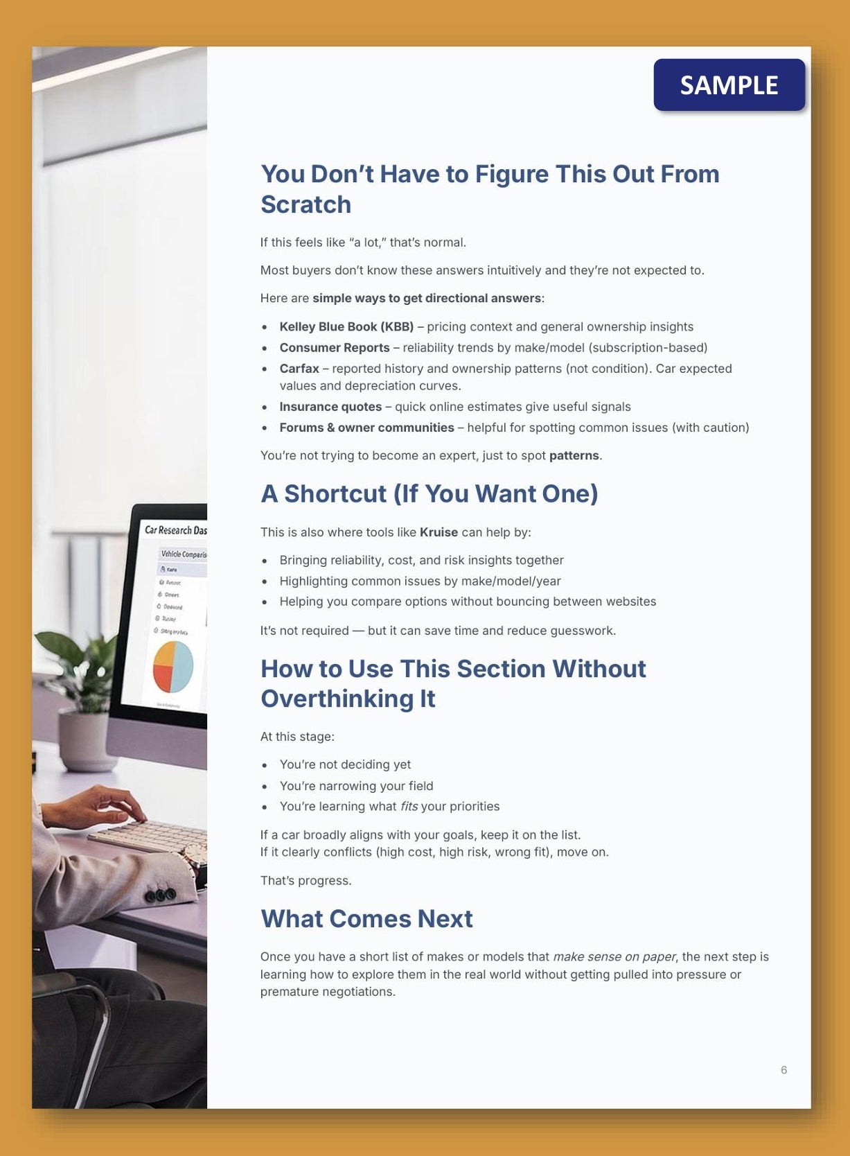 A digital preview of a Kruise Smart Buyer Toolkit page, showing a white page with black text, bullet points, and headings like 'You Don't Have to Figure This Out From Scratch' and 'A Shortcut (If You Want One)'. The page is presented on a white background with a gold border, and a small photo of a person using a laptop is visible in the top-left corner.