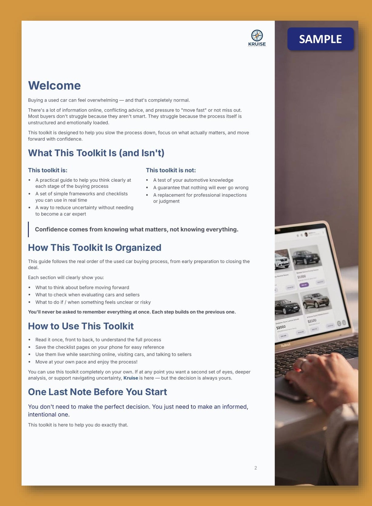 A digital sample of Kruise Smart Buyer Toolkit's first page with black text, shown on a tan background with a small lifestyle photo at the bottom depicting hands using a laptop. A blue 'SAMPLE' label is in the lower right corner.
