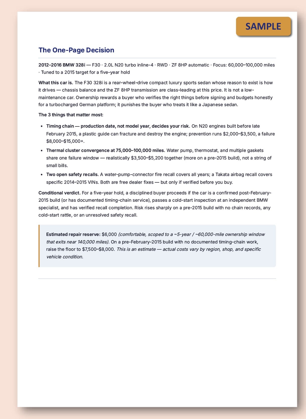 A document template page from a Kruise Vehicle Intelligence Report titled 'The One Page Decision' with columns of text, a blue highlighted section, and a gold 'SAMPLE' label on a white page centered on a peach background.