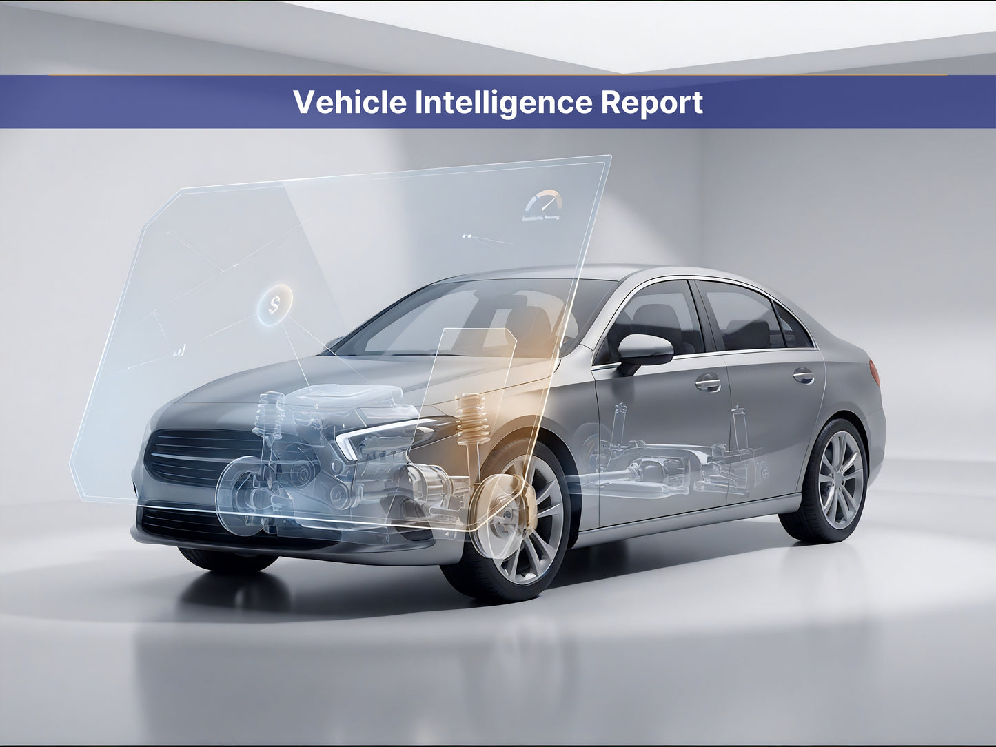 A silver sedan shown in a clean studio setting with a translucent overlay graphic and the text 'Vehicle Intelligence Report' across the top.