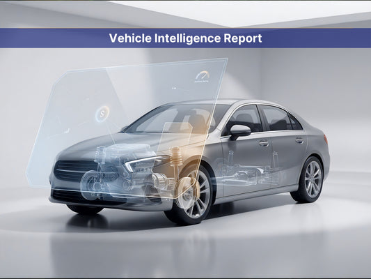 A silver sedan shown in a clean studio setting with a translucent overlay graphic and the text 'Vehicle Intelligence Report' across the top.