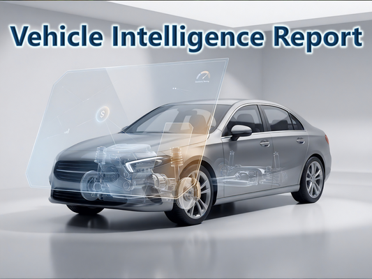 Car with transparent body showing internals and a transparent diagnostic overlay with vehicle intelligence report text title on a gray background