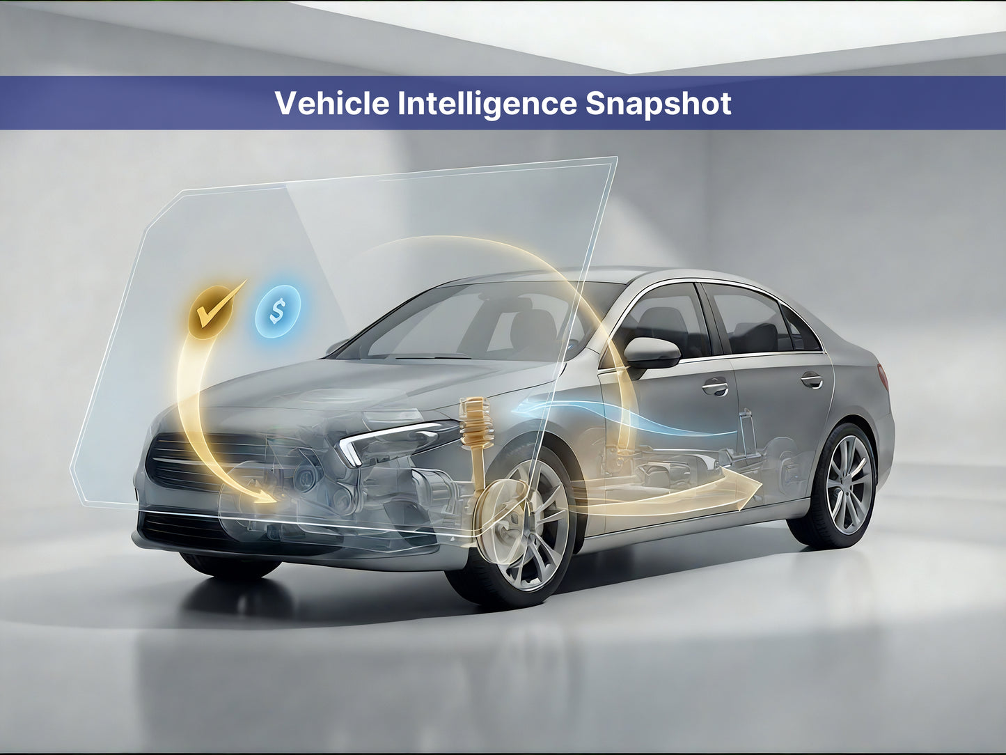 A silver sedan shown in a studio setting with a translucent overlay and glowing yellow/blue graphic lines indicating vehicle intelligence features. A blue banner at the top reads 'Vehicle Intelligence Snapshot'.