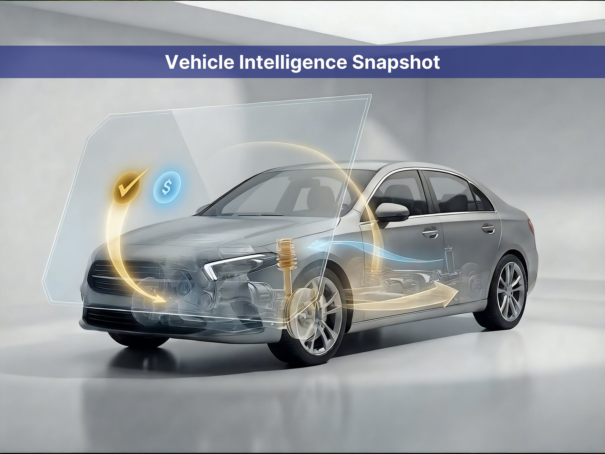 A silver sedan shown in a studio setting with a translucent overlay and glowing yellow/blue graphic lines indicating vehicle intelligence features. A blue banner at the top reads 'Vehicle Intelligence Snapshot'.