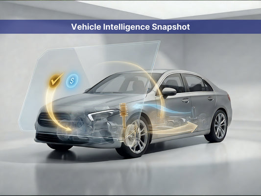 A silver sedan shown in a studio setting with a translucent overlay and glowing yellow/blue graphic lines indicating vehicle intelligence features. A blue banner at the top reads 'Vehicle Intelligence Snapshot'.