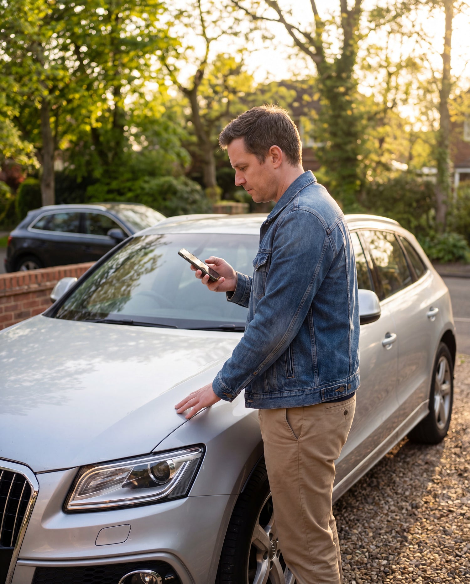 A man in a blue denim jacket and khaki pants stands beside a silver SUV, looking at a phone while touching the car's hood. The scene is set outdoors on a gravel driveway with trees and another car in the background.