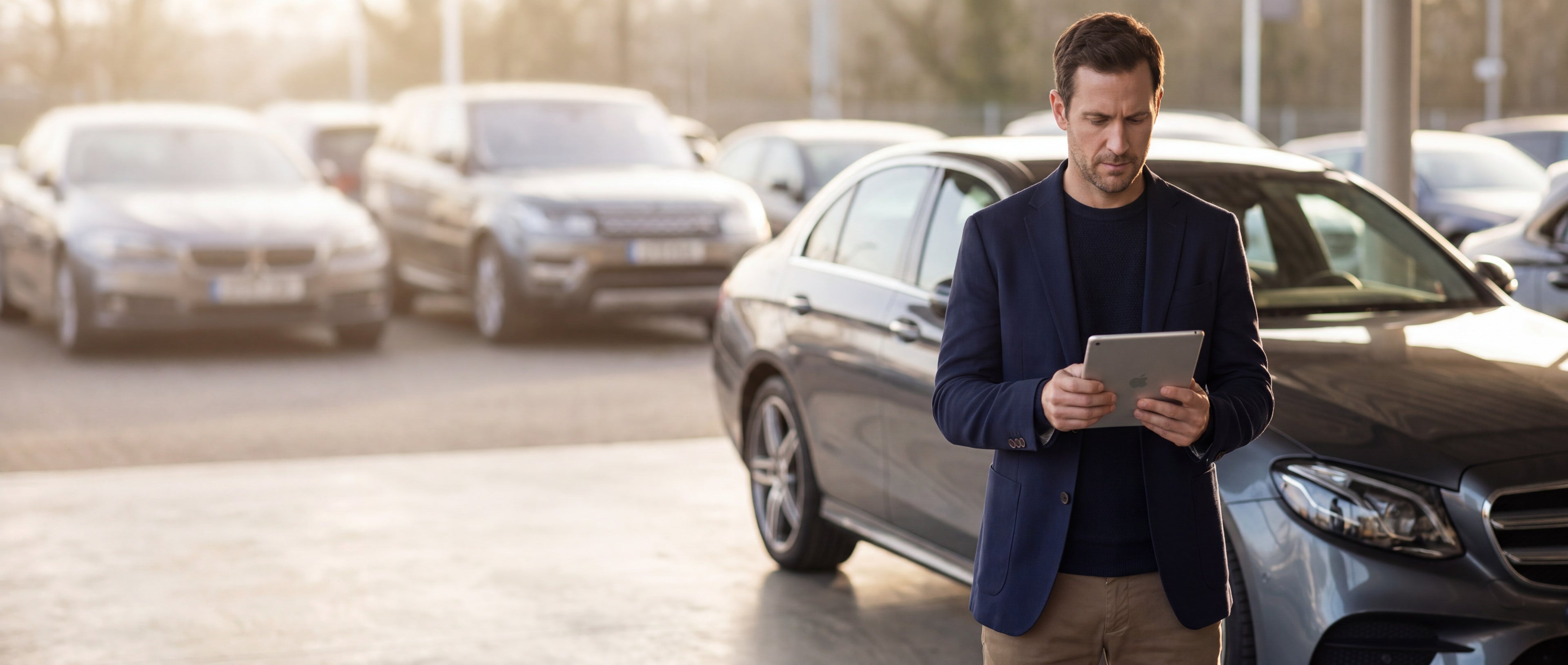 A man in a navy blazer and beige pants stands in a car dealership lot, holding a tablet next to a dark gray Mercedes-Benz sedan.