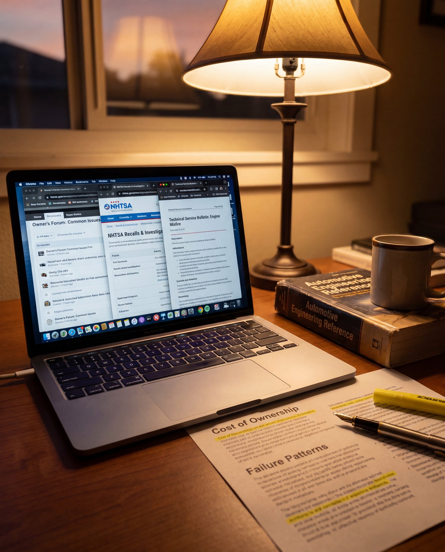 A silver laptop sits open on a wooden desk, displaying a website, next to a lit table lamp, books, a mug, and printed papers with a pen and highlighter. The scene is warmly lit, suggesting a home office or study environment.