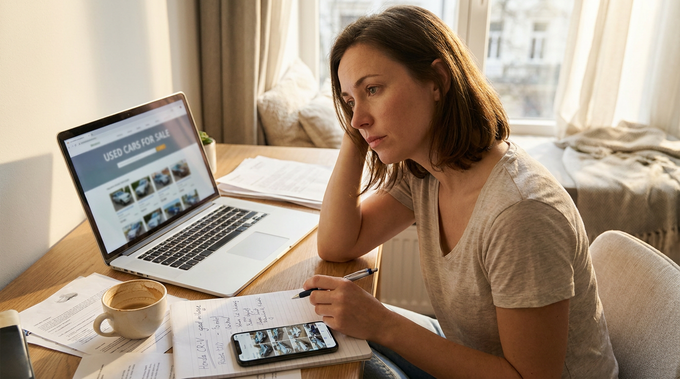 A woman sits at a wooden desk in a bright room, looking thoughtfully at a laptop screen while writing in a notebook and holding a smartphone. Papers and a cup of coffee are on the desk.