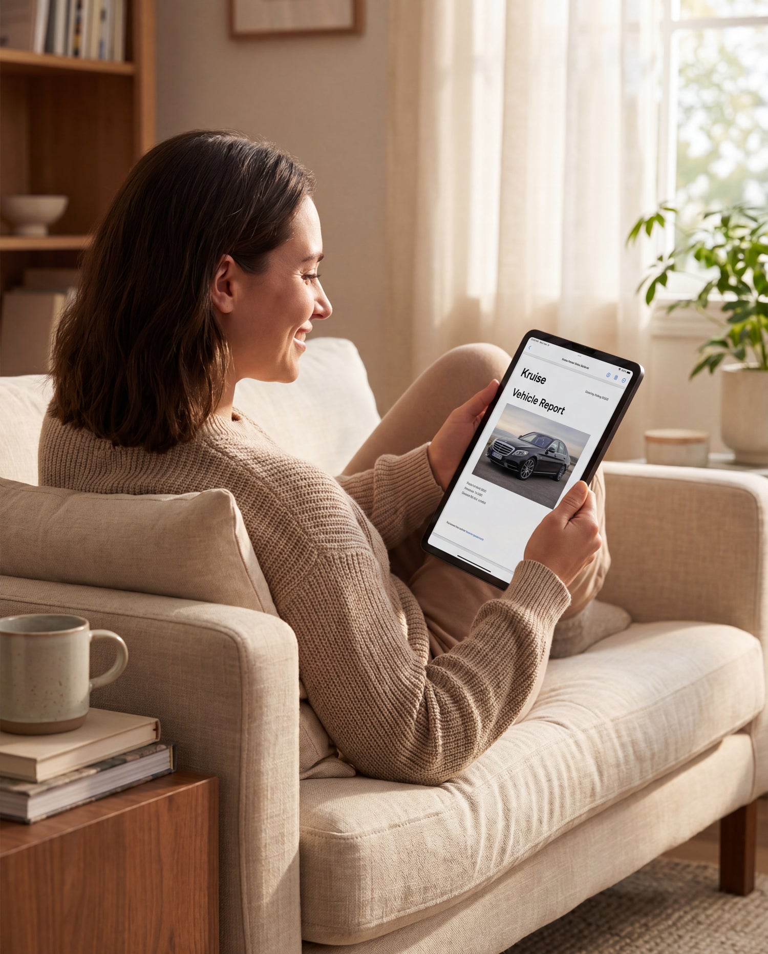 A woman relaxes on a beige sofa in a bright living room, holding a tablet and reading a Kruise Vehicle Intelligence Rpoert on the screen.