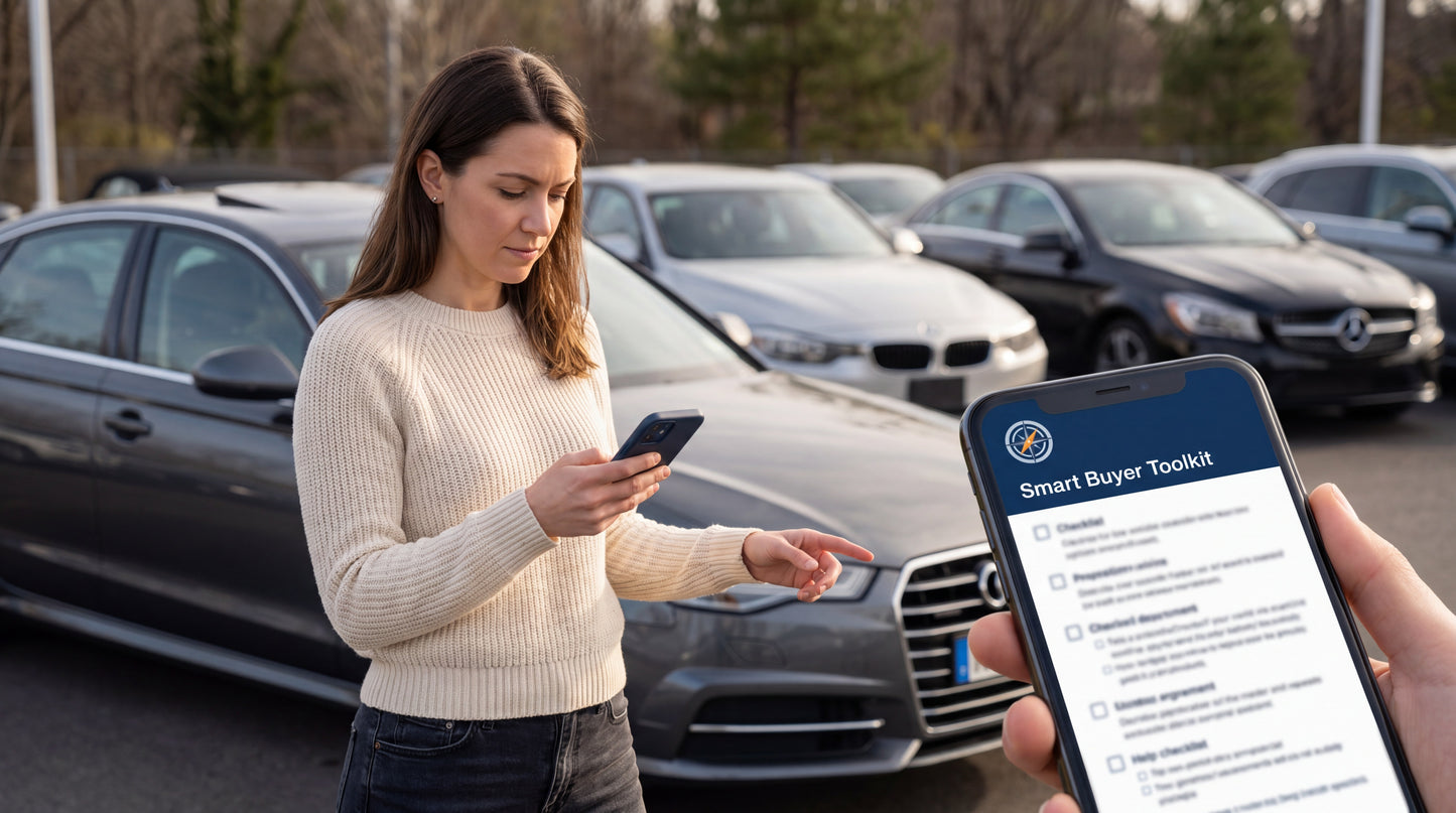 A woman stands in a parking lot holding a smartphone, while another hand holds up a smartphone showing a 'Smart Buyer Toolkit' app screen. Several cars are parked in the background.